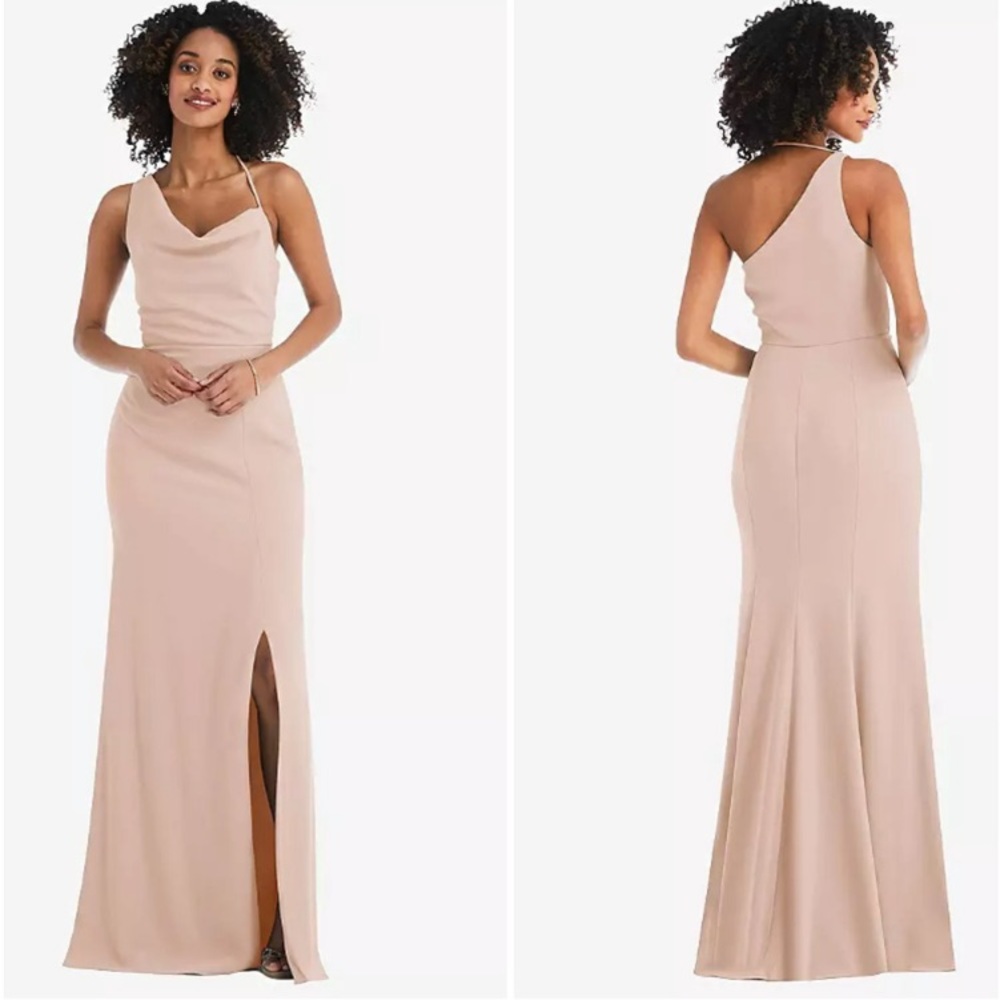 After Six Crepe One Shoulder W Strap Cowl Dress in Cameo Sz 10